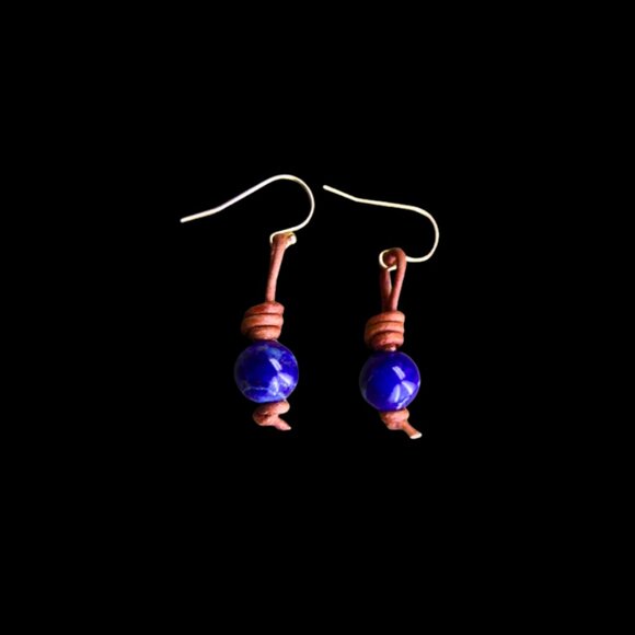 Lapis Lazuli Gemstones on Hand Knotted Soft Brown Leather Cord Earrings - Picture 2 of 7